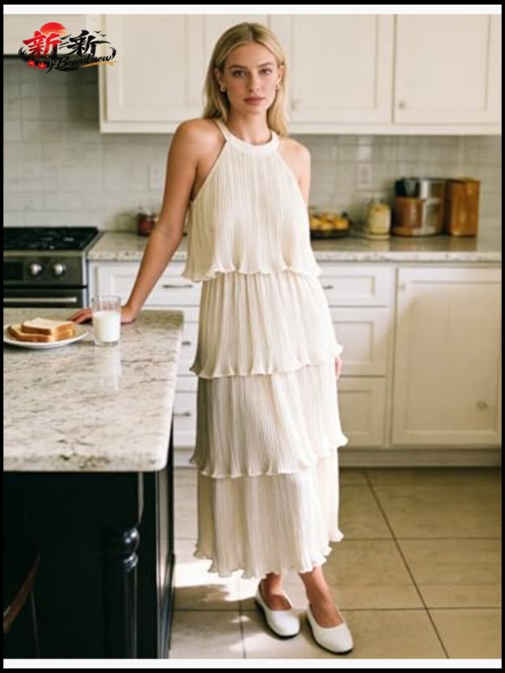 Halter Neck Ruffle Tiered Chiffon Flowy Swing Long Midi Dress Sleeveless Summer - Picture 3 of 7